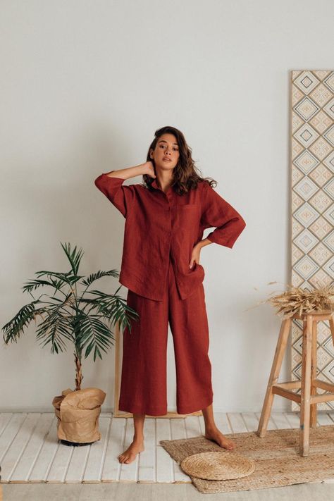 Linen Shirt And Pants, Red Linen Shirt, Terracotta Linen, Linen Pajama Set, Linen Pajamas, Best Pajamas, Linen Suit, Matching Pajamas, Womens Pyjama Sets