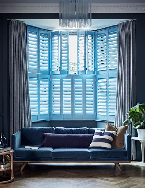 Shutters With Curtains Living Room, Shutters And Curtains Together, Curtains Over Shutters, Curtains With Shutters, Shutters With Curtains, Bay Window Shutters, Cafe Style Shutters, Living Room Shutters, California Shutters