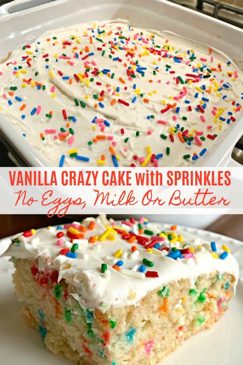 VANILLA CRAZY CAKE with SPRINKLES - This delicious vanilla crazy cake with rainbow sprinkles has no eggs, milk or butter, you don’t even need a bowl, mix everything right in the baking dish! This budget friendly from scratch pantry cake is a cinch to make, super moist and delicious! It’s also a fun activity to do with kids. Crazy Wacky Cake, Vanilla Crazy Cake Recipe, Vanilla Crazy Cake, Cake No Eggs, Crazy Cake Recipes, Dairy Free Buttercream, Cake With Sprinkles, Cooking Desserts, Cooking Activities