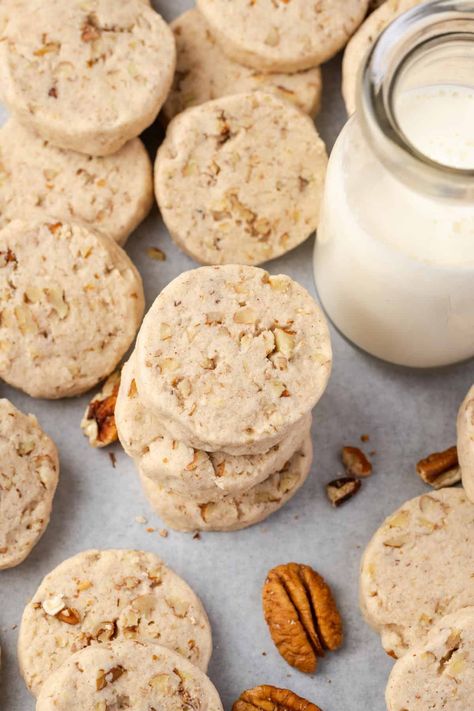 Pecan sandies are buttery, crumbly shortbread cookies with crispy edges and plenty of nutty crunch. They make great Christmas cookies! #pecansandies #shortbread #christmascookies Buttery Pecan Shortbread Cookies, Pecan Sandies Cookies Recipes, Pecan Sandies Cookies, Sandies Cookies, Easy Shortbread Cookie Recipe, Pecan Cookie, Pecan Shortbread Cookies, Pecan Shortbread, Pecan Sandies