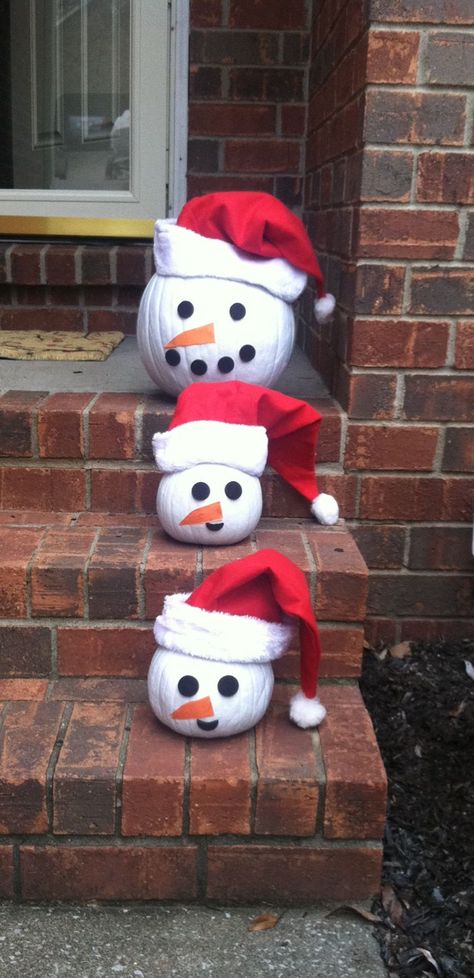 Repurpose Pumpkins For Christmas, Santa Pumpkin Decorating, Santa Pumpkin Painted, Santa Pumpkin, Snowman Pumpkin, Halloween Pumpkin Ideas, Diy Outdoor Christmas Decor, Pumpkin Snowmen, Orange Tissue Paper