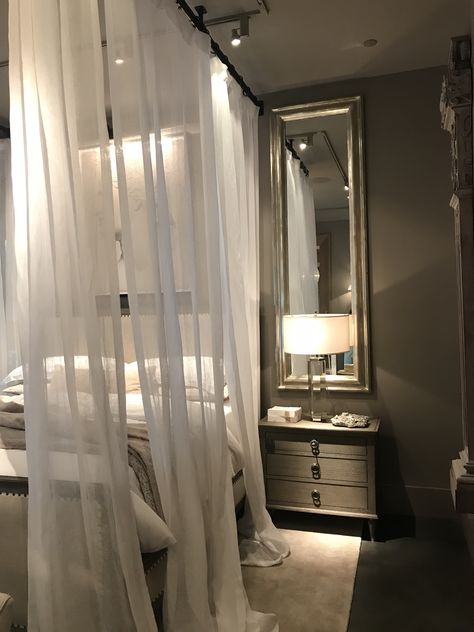 Tall narrow mirrors over bedside tables. Saw this at  Restoration Hardware Mirrored Bedside Table Ideas, Restoration Hardware Small Bedroom, Mirror Over Bedside Table, Mirrored Bedside Table, Nightstands With Mirrors Behind, Mirror Wall Decor Bedroom Small Rooms, Mirror Behind Bedside Table, Bedside Mirror Ideas, Nightstand With Mirror Behind