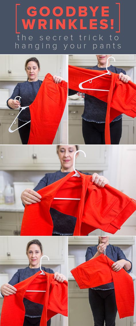 There's no need to break out the iron to get rid of those annoying wrinkles pants get from hangers. All you have to do is change the way you fold. Try this method of folding and you're pants will be wrinkle-free. Best Way To Hang Dress Pants, Hanging Dress Pants In Closet, How To Hang Dress Pants In Closet, Best Way To Hang Pants In Closet, Pant Hanging Ideas, How To Hang Dress Pants, How To Hang Pants In Closet, How To Hang Pants, Hang Sweaters