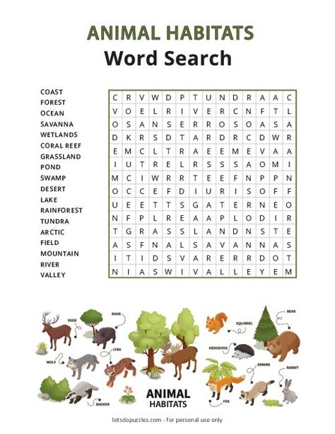 Animal Habitats Word Search | Free Printable Activity Habitat Printables Free, Habitat Worksheets Free Printable, Animal Habitat Activities 2nd Grade, Land Animals Worksheet, Animal Habitat Activities, Habitats Activities, Animal Classification Activity, Where Animals Live, Word Search Free Printable