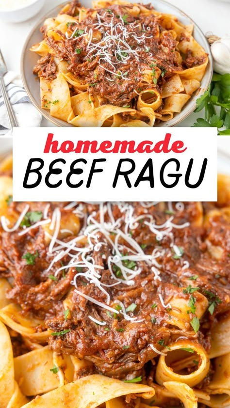 When you need a hearty yet simple family-friendly meal, this delicious Beef Ragù recipe made with tender beef, homemade pasta sauce, and pappardelle checks all the boxes! You’ll love the rich tomato sauce poured over your favorite pasta. Serve with a green salad and a crusty loaf of bread for a filling meal! Ragu Spaghetti Sauce, Beef Ragu Recipe, Pappardelle Recipe, Homemade Pasta Sauce, Tomato Pasta Recipe, Pasta With Meat Sauce, Vegan Paleo Recipes, Beef Ragu, Ragu Recipe