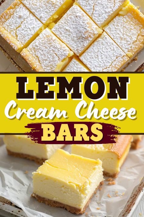 Lemon cream cheese bars are sunshine in dessert form! Tangy lemon meets creamy cheese in a buttery crust, creating a zesty, sweet treat that’s pure bliss in every bite. Lemon Cream Cheese Squares, Lemon Cream Cheese Recipes, Lemon Bars With Cream Cheese, No Bake Lemon Cheesecake Bars, Cream Cheese Lemon Bars, Easy Lemon Desserts, Lemon Cream Cheese Bars Recipe, Lemon Desserts Bars, Desserts Bars