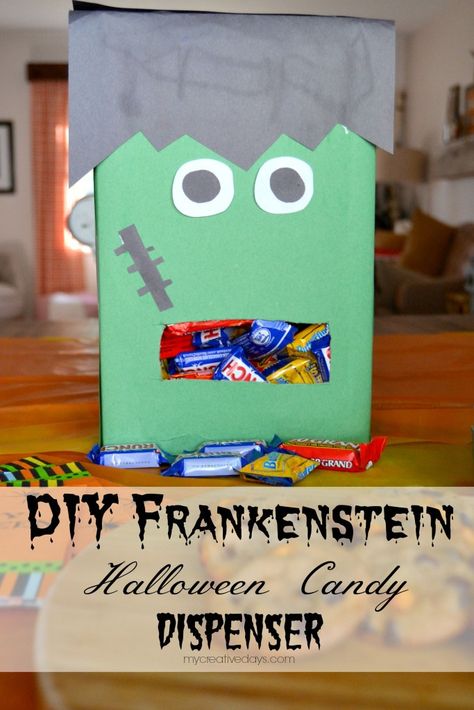 mycreativedays: DIY Frankenstein Halloween Candy Dispenser Diy Frankenstein, Diy Halloween Candy, Thrifty Thursday, Halloween Porch Decorations, Frankenstein Halloween, Candy Dispenser, Halloween Pins, Holiday Crafts For Kids, Animal Crafts For Kids