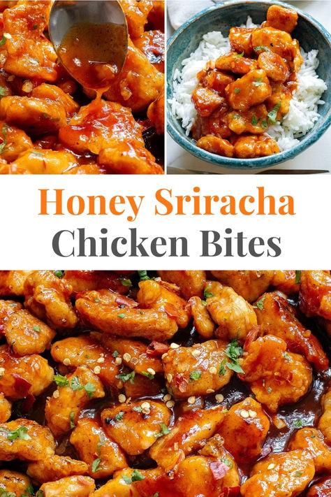 Honey Sriracha Chicken Bites Honey Sriracha Chicken Bites, Honey Sriracha Chicken Bowl, Sweet And Spicy Chicken Bites, Recipes With Sriracha, Baked Honey Sriracha Chicken, Rice With Noodles, Honey Siracha Chicken, Honey Siracha, Honey Chicken Breast