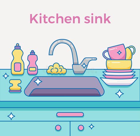 Kitchen sink with kitchenware vector illustration Cleaning Logo Business, Mint Bathroom, Kitchen Cartoon, Bleach Bottle, Glasses White, Eco Logo, Clean Bottle, Paper Doll House, Cleaning Logo