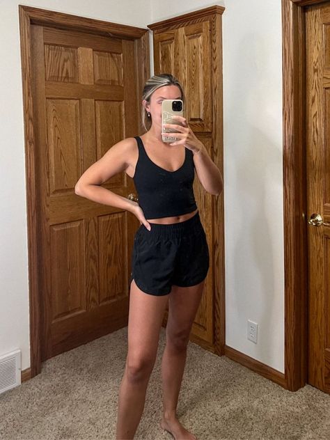 Lululemon Shorts And Tank Top, Crop Tank And Shorts Outfit, Track That Short Lululemon, Align Tank Outfit Summer, Align Tank Top Outfit, Black Running Shorts Outfit Summer, Black Align Tank Outfit, Nike Tank Top Outfit, Tank Top Outfits Athletic