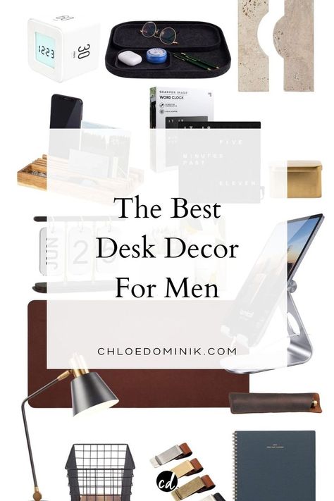 the best desk decor for men Office Desk Decor For Work Men, Mens Office Decor At Work, Mens Office Gifts, Mens Desk Accessories, Mens Desk Decor, Men Gift Guide, Mens Desk, Stylish Office Desks, Men’s Office