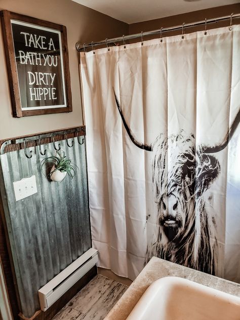 Our western bathroom!  #WesternBathroom #BathroomSign ##Cow #BohoBathroom #Highlander #DirtyHippie Punchy Bathroom Decor, Modern Farmhouse Boho Living Room Wall Decor Paintings & Prints, Highlander Cow Bathroom, Highlander Cow Living Room, Western Cow Bathroom, Cow Decor For Bathroom, Home Western Decor, Rustic Western Dining Room Decor, Western Bathroom Decor Ranch