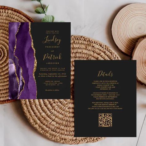 Low Budget Purple Gold Agate Dark Wedding Invite Flyer Paper Nest, Popular Wedding Invitations, Teal Wedding Invitations, Geode Wedding, Qr Code Wedding, Plum Wedding, Elegant Modern Wedding, Budget Wedding Invitations, Dark Wedding