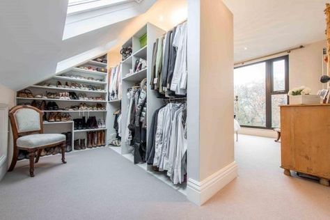 This is a novel way to use a space lit up with VELUX roof windows -- a bright dressing room and wardrobe space! We'd love to get ready for work each day here. Loft Conversion Dressing Room, Loft Conversion Bedroom, Dormer Loft Conversion, Attic Bedroom Designs, Attic Closet, Attic Loft, Loft Storage, Small Attic, Attic Design