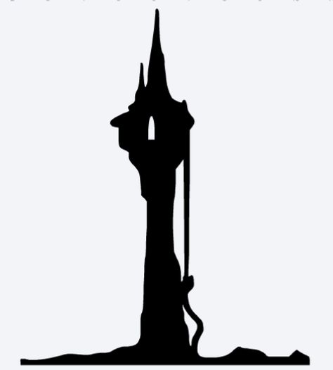 Rapunzel's Tower Rapunzel Tower Silhouette, Rapunzel Stencil, Rapunzel Tower Drawing, Tangled Silhouette, Rapunzel Silhouette, Disney Characters Silhouettes, Long Golden Hair, Rapunzel Castle, Disney Cosplay Ideas