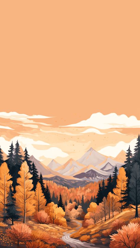 Escape to the beautiful trees changing color in the mountains with this fall wallpaper phone design. Cute Phone Wallpapers Fall, Fall Wallpaper Illustration, Mountain Painting Wallpaper, Fall Drawing Wallpaper, Fall Art Background, Cute October Wallpaper Iphone, Fall Mountains Wallpaper, Autumn Wallpaper Drawing, Fall Screen Wallpaper