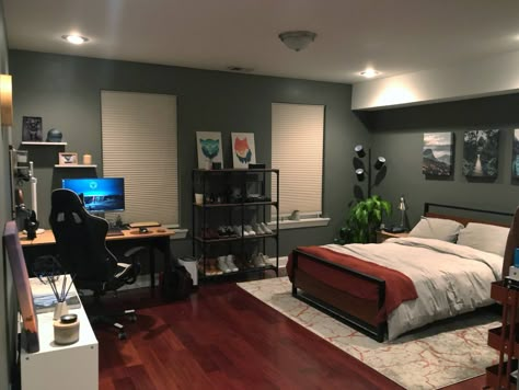 Studio Bedroom Ideas For Men, Men's Room Ideas, Neutral Room Aesthetic Men, 1 Bedroom Apartment Decor Men, Guys Room Aesthetic Cozy, Gamer Guy Room Aesthetic, Small Room Setup Bedrooms Layout, Aesthetic Men’s College Dorm Room, Blue Bedroom Ideas For Men