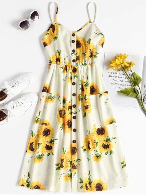 Button Sunflower Print Midi Dress. Your go-to dress for summer events. This moderate midi dress is suspended by slender shoulder straps and embellished with a row of contrasting buttons down the center front. Its large, opaque patch pockets add extra convenience to this bright sundress. #Zaful #Zaful4th #Dress Floral Print Dress Summer, Sundress Dress, Print Midi Dress, Sunflower Print, Printed Midi Dress, Types Of Dresses, Boho Floral, Outfits Casuales, Cute Dresses