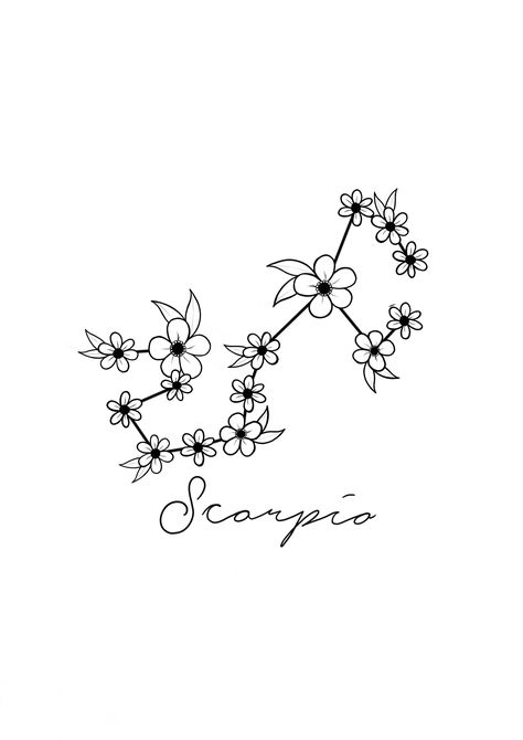 scorpio constellation with a wild flower twist. Scorpio Tattoo Ideas Female, Scorpio Tattoo Flower, Scorpio Astrology Tattoo, Scorpio Flower, Scorpio Flower Tattoo, Scorpio Constellation Tattoo Design, Scorpio Zodiac Flower Tattoo, Constellation Tattoos Scorpio, Scorpio Constilation Tattoo