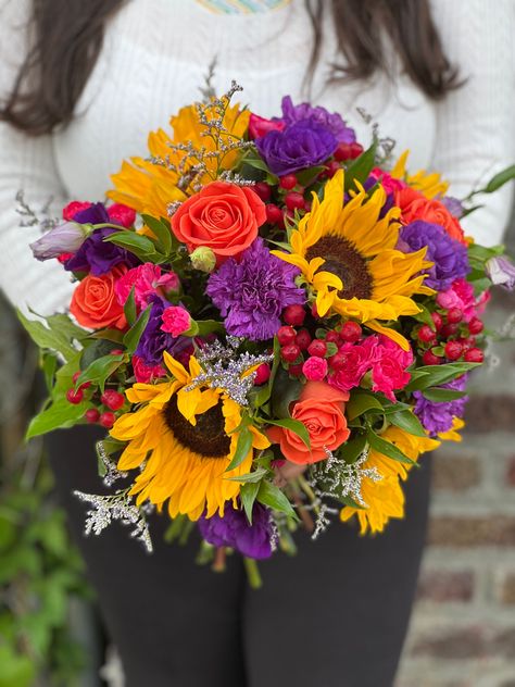 Purple Orange Yellow Wedding Flowers, Red Purple Yellow Bouquet, Purple Yellow Red Wedding, Red Yellow Purple Flower Arrangements, Pink Orange Purple Bridesmaids, Sunflower Pink Bouquet, Purple And Yellow Bouquet, Purple Arrangements, Iris Wedding Bouquet