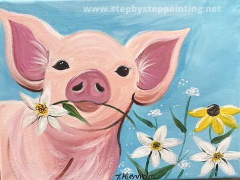 Spring Pig Acrylic Painting Tutorial Pig Painted Rocks, Beginners Sketching, Diy Paintings, Painting Ideas Easy, Pig Painting, Pig Drawing, Round Robin, Paint Nite, Canvas Painting Tutorials