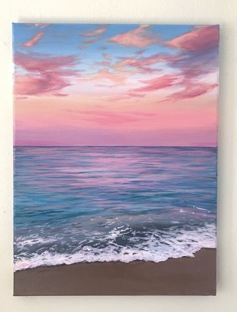 Ocean Clouds Painting, Pink Beach Sunset Painting, Pink Sunset Painting Acrylic, Pink Sunset Painting, Painting For Him, Sunset Beach Painting, Sunset Painting Acrylic, Animal Illustration Art, Sunset Ocean