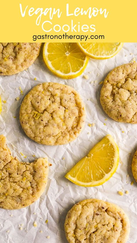 Vegan lemon cookies arranged on parchment paper. Vegan Lemon Cookies, Easy Vegan Cookies, Best Vegan Desserts, Vegan Biscuits, Healthy Plant Based Recipes, Vegan Cake Recipes, Egg Free Recipes, Vegan Kids, Vegan Eggs