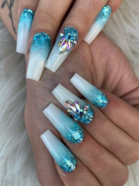 Turquoise Nail Polish, Turquoise Nail Designs, Teal Nail Designs, Blue Ombre Nails, Blue Glitter Nails, Aqua Nails, Teal Nails, Turquoise Nails, Sassy Nails