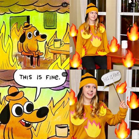 halloween This Is Fine Halloween Costume, This Is Fine Dog Costume, Funny Clever Halloween Costumes, Funny Blonde Halloween Costumes, Dress Like A Meme Costume, Meme Diy Halloween Costumes, This Is Fine Costume, Meme Party Theme Outfit, Diy Quick Halloween Costumes