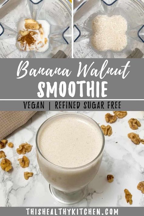 This easy, healthy smoothie recipe is perfect for breakfast, snack or even dessert. Banana walnut smoothie is made using just a few simple ingredients and is ready in no time, with the added bonus of being high protein, vegan and dairy free. Plant based smoothie recipes are the best way to incorporate healthy fats, healthy protein sources and a ton of raw nutrients. Clean Plant Based Recipes, Banana Nut Smoothie, Nut Smoothie, Walnut Smoothie, Dessert Banana, Plant Based Smoothies, Strawberry Banana Bread, Best Protein Shakes, Oil Free Vegan Recipes