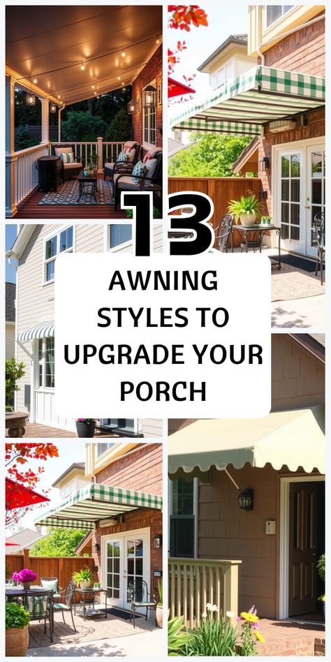 Discover 13 porch awnings that add character and charm! Perfect for creating a shaded outdoor area that’s comfortable, stylish, and welcoming for guests. Front Deck Ideas Entrance Porch Designs, Awning Makeover, Porch Awning Ideas, Front Deck Ideas Entrance, Awning Ideas, Porch Shades, Diy Awning, Aluminum Awnings, Porch Awning