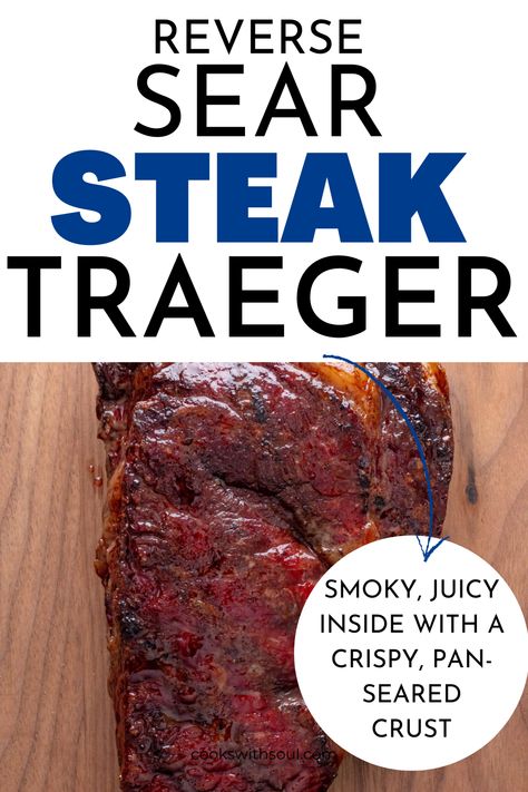 Our ribeye reverse sear steak has a smoky, tender inside with a crispy, pan-seared crust on the outside. This Traeger grill recipe can be adapted for various types of meat and smokers or grills. Steak Traeger, Reverse Sear Ribeye, Sear Steak, Reverse Sear Steak, Traeger Grill Recipes, Dry Aged Steak, Traeger Recipes, Perfect Steak, Seared Steak