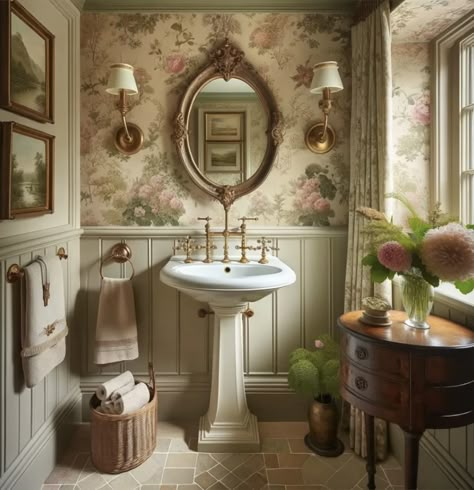 Cottagecore Half Bathroom, Cottage Core Bathroom, Vintage Style Bathroom, Vintage Bathroom Decor, Victorian Bathroom, Vintage Bathrooms, Cottage Interiors, House With Porch, Chic Bathrooms