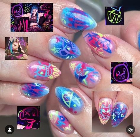 Arcane Nails, Anime Nail, Nails Neon, Arcane Jinx, Jinx Arcane, Punk Nails, Anime Nails, Inspired Nails, Classy Acrylic Nails