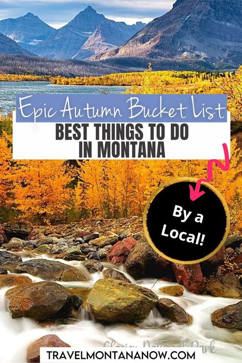 Fall in Montana is a magical time filled with golden aspen groves, crisp mountain air, and unforgettable adventures. This bucket list is packed with ideas to embrace the season, from scenic drives like the Going-to-the-Sun Road to visiting pumpkin patches and local fall festivals. Experience epic hikes surrounded by vibrant foliage, explore charming small towns, and soak in natural hot springs. Montana Family Vacation, Montana Fall, Montana Travel Guide, Autumn Bucket List, Montana Winter, Montana National Parks, Natural Hot Springs, Montana Vacation, Montana Travel