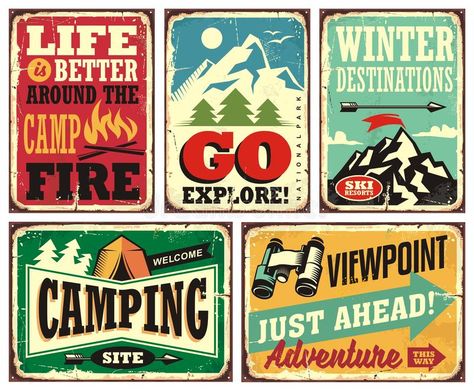 Vintage Food Posters, Retro Signs, Hiking And Camping, Camping Signs, Beer Logo, Camping Decor, Movie Posters Design, Book Icons, Retro Sign