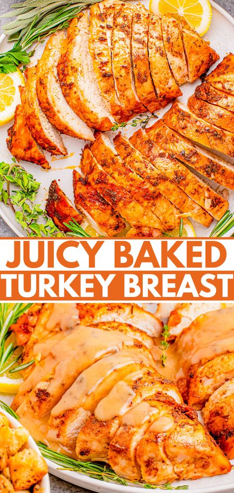 Juicy Baked Turkey Breast - Averie Cooks Bake Turkey Breast In Oven, 3lb Turkey Breast Recipes, Juicy Turkey Breast Recipes, Turkey Breast In Oven Bag, Precooked Turkey Breast Recipes, Whole Turkey Breast Recipes, Oven Baked Turkey Breast, Boneless Turkey Breast Recipes Oven, Honey Baked Turkey Breast