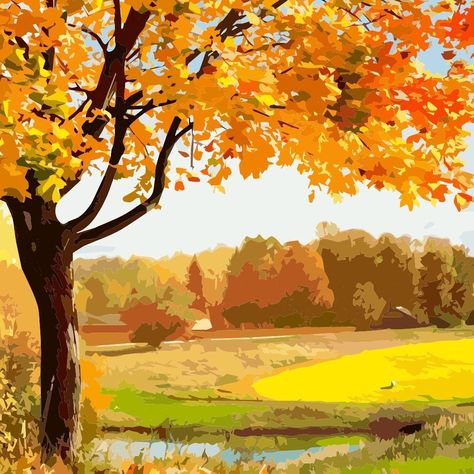 Maple Tree Landscape, Tree Painting Easy, Painting Pages, Oil Painting App, Poster Color Painting, Easy Landscape Paintings, Free Painting, Painting Video, Yellow Tree