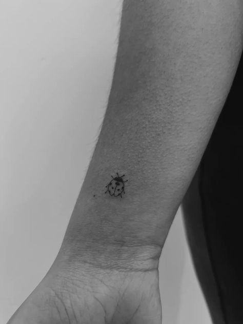 Small Ladybug Tattoo Fine Line, Lady Bug Fine Line Tattoos, Fineline Ladybug Tattoo, Ladybug Fine Line Tattoo, Dainty Matching Tattoos Best Friends, Little Ladybug Tattoo, Fine Line Ladybug Tattoo, Tattoo Ideas Fineline, Small Bug Tattoo