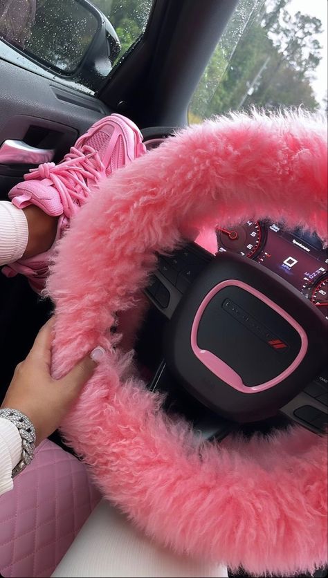 Hot Pink Car Decor, Fluffy Steering Wheel, Pink Steering Wheel Cover, Pink Wheels, Princess Car, Car Wheel Cover, Pink Car Accessories, Girly Car Accessories, Car Deco