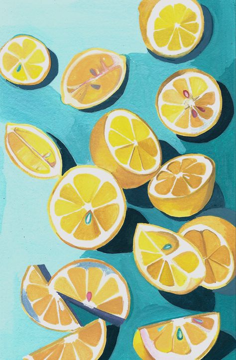 Lemon Gouache, Gouache Fruit, Lemon Clipart, House Journal, Lemon Art, White Highlights, Strawberry Lemonade, Green House, Gouache Painting