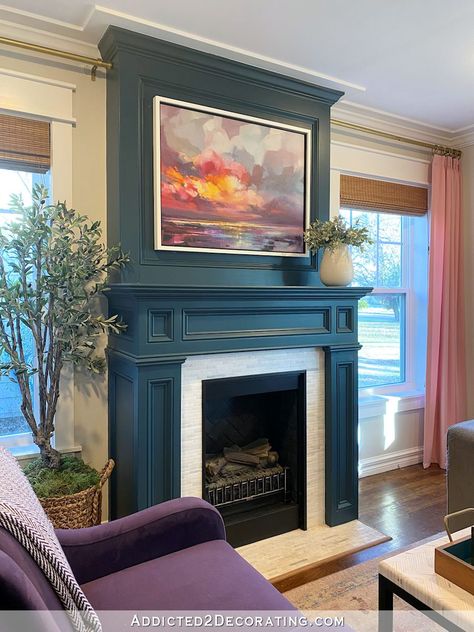 Fireplace Mantle With Windows On Each Side, Windows Framing Fireplace, Judges Paneling Fireplace, Paint Mantle Ideas, Pop Of Color Fireplace, Colorful Fireplace Decor, Fireplace Mantle Styles, Statement Fireplace Ideas, Mahogany Fireplace Living Room