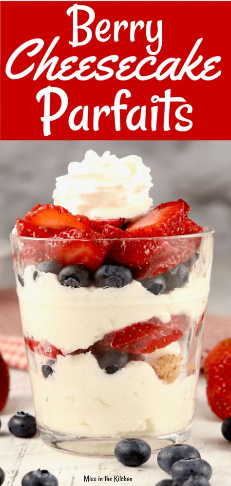 Berry Cheesecake Parfaits are a tasty dessert or summer holidays and cookouts. Layers of no bake cheesecake, angel food cake, and delicious summer berries! Easy to make ahead for celebrations and get #berries #desserts #cheesecake Fruit Parfait Dessert, Fruit Parfait Recipes, Easy Parfait, Cheesecake Parfait Recipes, Cheesecake Parfaits, Parfait Desserts, Fruit Parfait, Parfait Recipes, Tasty Dessert