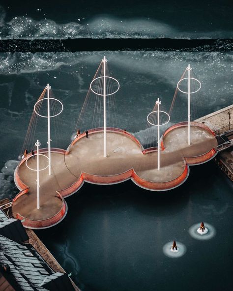 Studio Olafur Eliasson on Instagram: “‘Cirkelbroen’ (Circle bridge), Copenhagen, 2015. Photo by @copenhagenbycosedis via Twitter, 2021. Circular platforms topped by tall masts…” Bridges Architecture, Studio Olafur Eliasson, Bridge Structure, Floating Architecture, Olafur Eliasson, Bjarke Ingels, Architectural Engineering, Pedestrian Bridge, Bridge Design