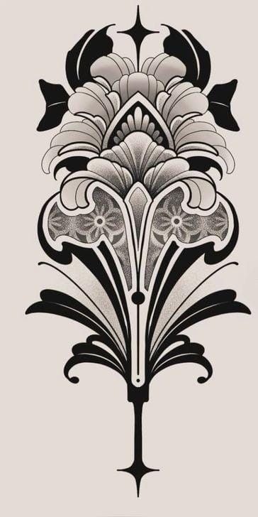 Neo Traditional Leg Tattoos Women, Damask Tattoo Design, Art Nouveau Hand Tattoo, Goth Art Nouveau, Floral Ornamental Tattoo Design, Art Deco Flower Tattoo, Art Noveau Tattoos Women, Neotraditional Tattoo Design Black, European Tattoos