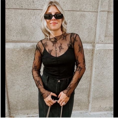 Sheer Undershirt Long Sleeve, Free People Lace Layering Top, Lace Undershirt Outfit, Black Long Sleeve Lace Top, Black Overalls Outfit, Undershirt Outfit, Lace Undershirt, Long Sleeve Top Outfit, Long Sleeve Lace Top