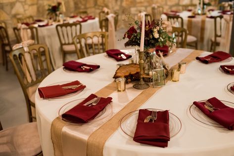 Burgundy And Gold Rustic Wedding, Cabernet And Gold Wedding, Burgandy Wedding Table Decorations, Burgundy And Gold Table Setting Wedding, Maroon Table Setting, Round Table Wedding Decor Burgundy, Burgundy And Gold Wedding Reception Wedding Table Decor, Maroon And Champagne Wedding, Nikah Decorations