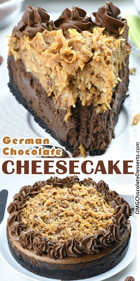 This German Chocolate Cheesecake is insanely decadent chocolate cheesecake with crunchy Oreo crust and gooey coconut pecan topping. Bursting with chocolate flavor, smooth as silk, rich chocolate cheesecake paired with insanely delicious coconut pecan topping is such a treat! via @https://www.pinterest.com/omgchocodessets/ German Chocolate Mini Cheesecakes, German Choc Cheesecake, Crunch Chocolate Cheesecake, German Chocolate Cheesecake Cake, Candy Cheesecake Recipes, Unique Cheesecake Ideas, Dinner Entrees Main Dishes, German Chocolate Cheesecake Recipe, Fancy Cheesecake Recipes