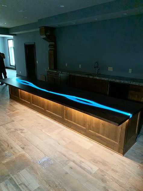 Buy A Live Edge Epoxy Resin River Bar Top | LED Lights | $12,000+ Epoxy Bar Top With Lights, Epoxy Bar Top Ideas, Epoxy Bar Top, Bar Tending, Wooden Business Signs, Wood Bar Top, Epoxy Kitchen, River Bar, Epoxy Countertops