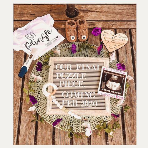 Blended family announcement, our final puzzle piece 💜 Finally Pregnant Announcement, Puzzle Pregnancy Announcement, Spring Baby Announcement Sibling, 6th Baby Announcement Ideas, Pregnant Announcement Ideas Families, Baby Three Announcement, Pregnancy Announcement Blended Family, Final Pregnancy Announcement, Pregnancy Announcement Baby # 4